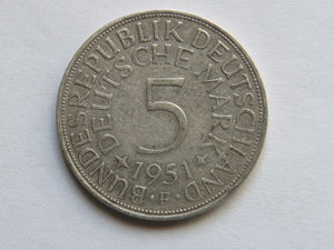 1951 BUNDESREPUBLIK DEUTSCHLAND 5 DEUTSCHE MARK SILVER COIN